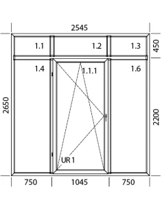 Porta finestra in PVC 2545 x 2650 mm Fissa + Battente/Ribalta + Fissa con sopraluce 2