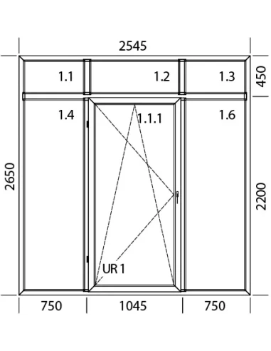 Porta finestra in PVC 2545 x 2650 mm Fissa + Battente/Ribalta + Fissa con sopraluce
