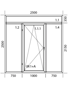 Porta finestra in PVC 2500 x 2500 mm Fissa + Battente/Ribalta + Fissa con sopraluce 2