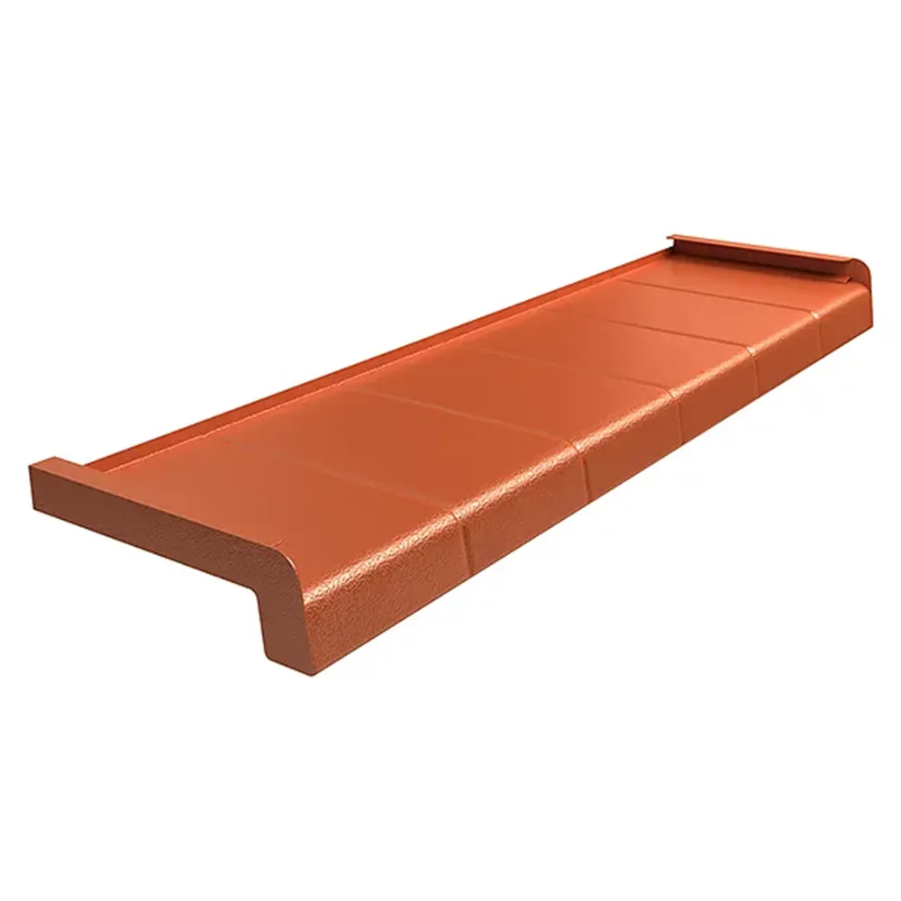 Davanzale in alluminio effetto piastrella colore Mattone RAL 8004 con dati tecnici relativi a dimensioni, materiale e applicazione