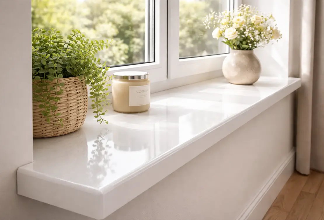 Davanzale in MDF bianco con bordo arrotondato sotto la finestra &ndash; finitura elegante e pratica dell&rsquo;ambiente con spazio per decorazioni.