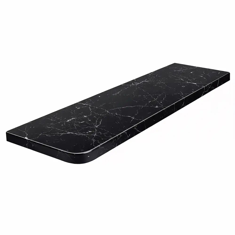 Davanzale interno in MDF laccato colore Effetto Marmo Nero, con angoli arrotondati &ndash; vista del prodotto con tabella dei dati tecnici.
