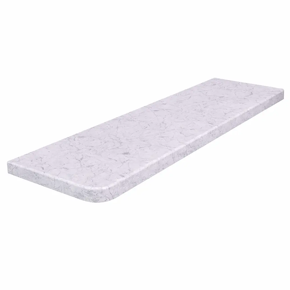 Davanzale interno in MDF laccato colore Effetto Marmo Bianco, con angoli arrotondati &ndash; vista del prodotto con tabella dei dati tecnici.