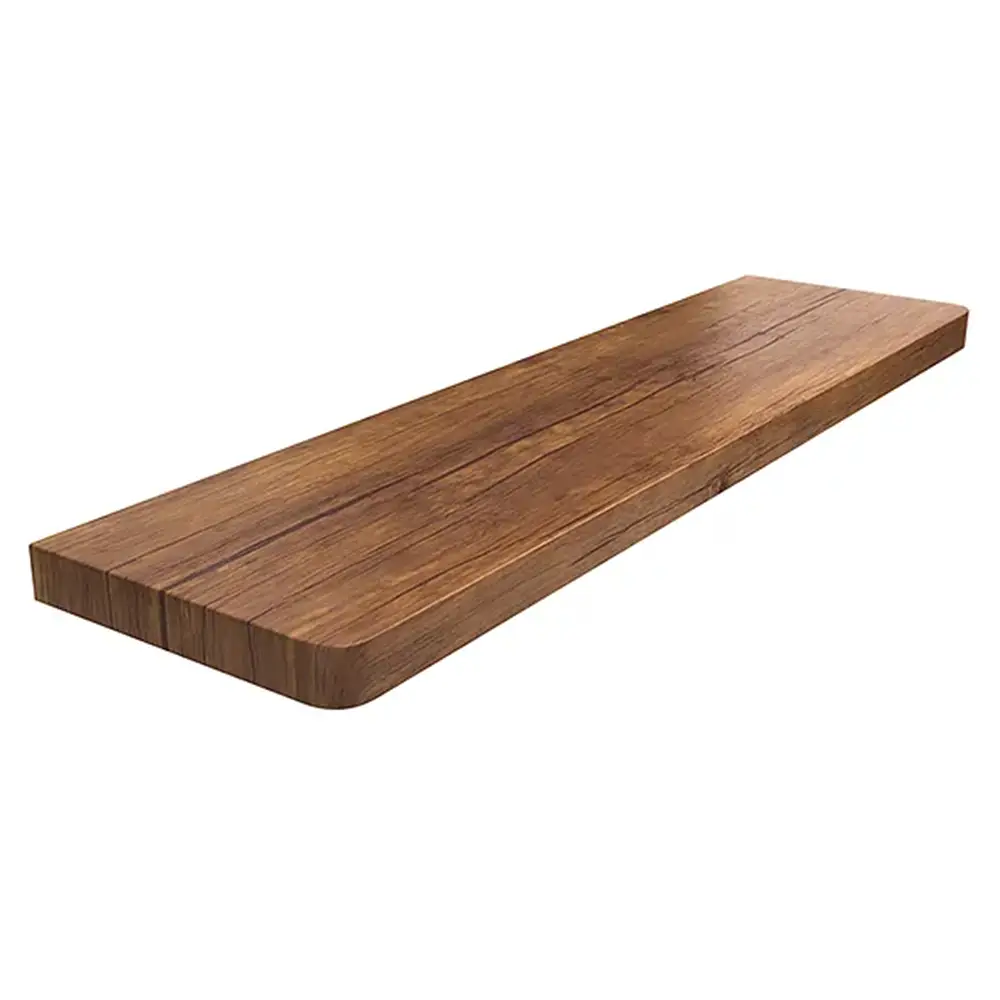 Davanzale interno in MDF laminato colore Rovere Antico, con angoli arrotondati - vista del prodotto con tabella dei dati tecnici.