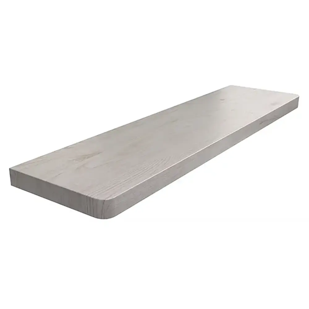Davanzale interno in MDF laminato colore Rovere Sbiancato, con angoli arrotondati - vista del prodotto con tabella dei dati tecnici.
