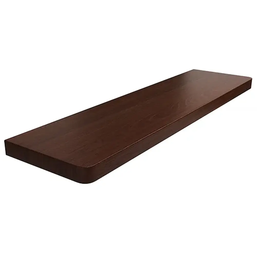 Davanzale interno in MDF laminato colore Noce Scuro, con angoli arrotondati - vista del prodotto con tabella dei dati tecnici.