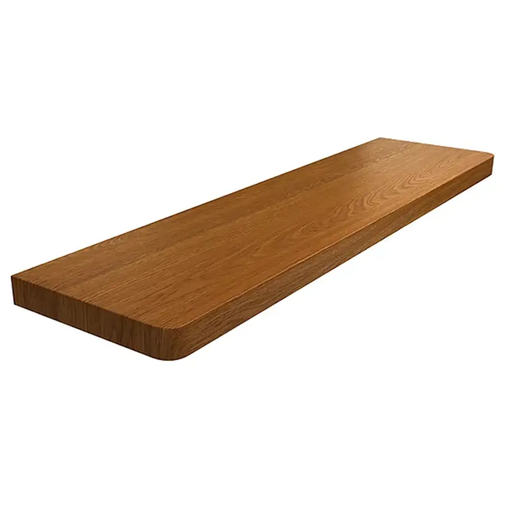 Davanzale interno in MDF laminato colore Rovere Dorato, con angoli arrotondati - vista del prodotto con tabella dei dati tecnici.