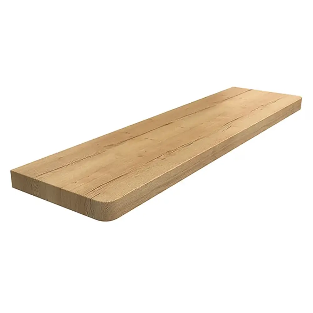 Davanzale interno in MDF laminato colore Rovere Halifax Naturale, con angoli arrotondati - vista del prodotto con tabella dei dati tecnici.
