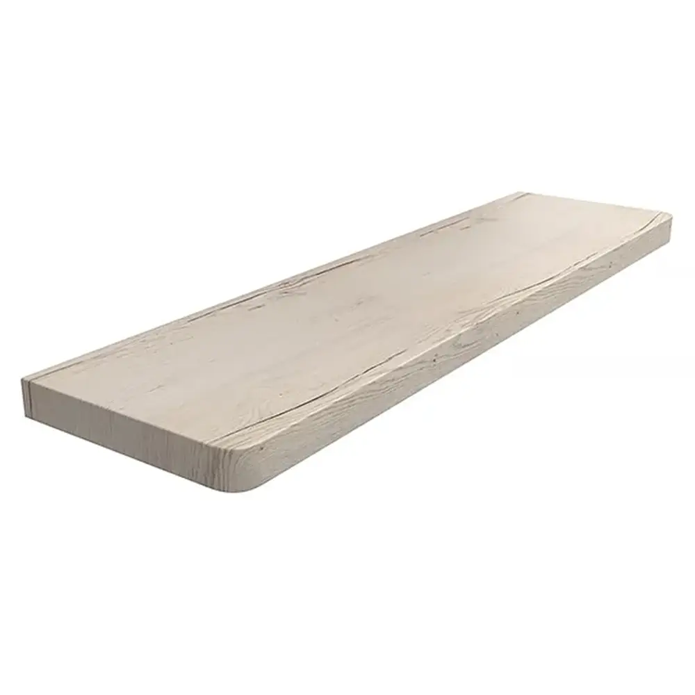 Davanzale interno in MDF laminato colore Rovere Halifax Bianco, con angoli arrotondati - vista del prodotto con tabella dei dati tecnici.