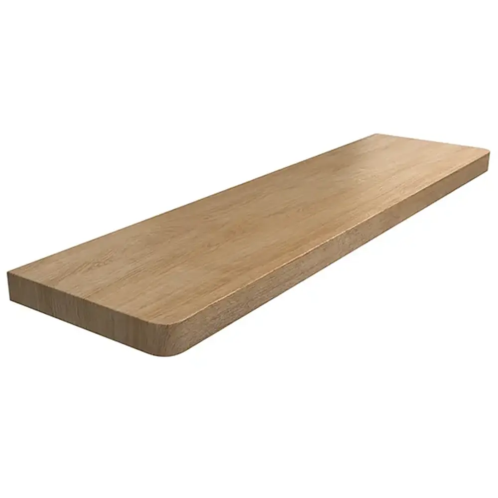 Davanzale interno in MDF laminato colore Rovere Naturale, con angoli arrotondati - vista del prodotto con tabella dei dati tecnici.