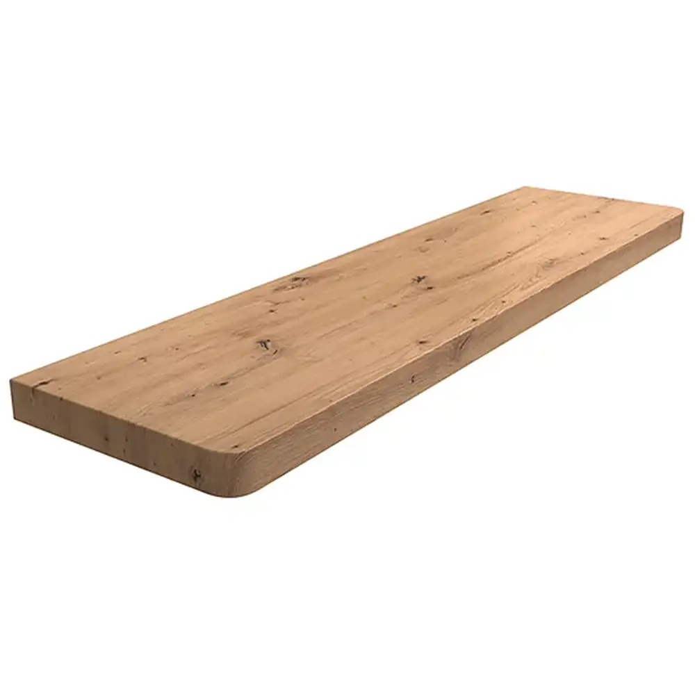 Davanzale interno in MDF laminato colore Rovere Riviera, con angoli arrotondati - vista del prodotto con tabella dei dati tecnici.