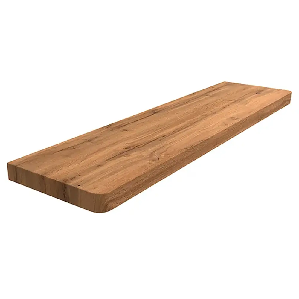 Davanzale interno in MDF laminato colore Rovere Rustico, con angoli arrotondati - vista del prodotto con tabella dei dati tecnici.