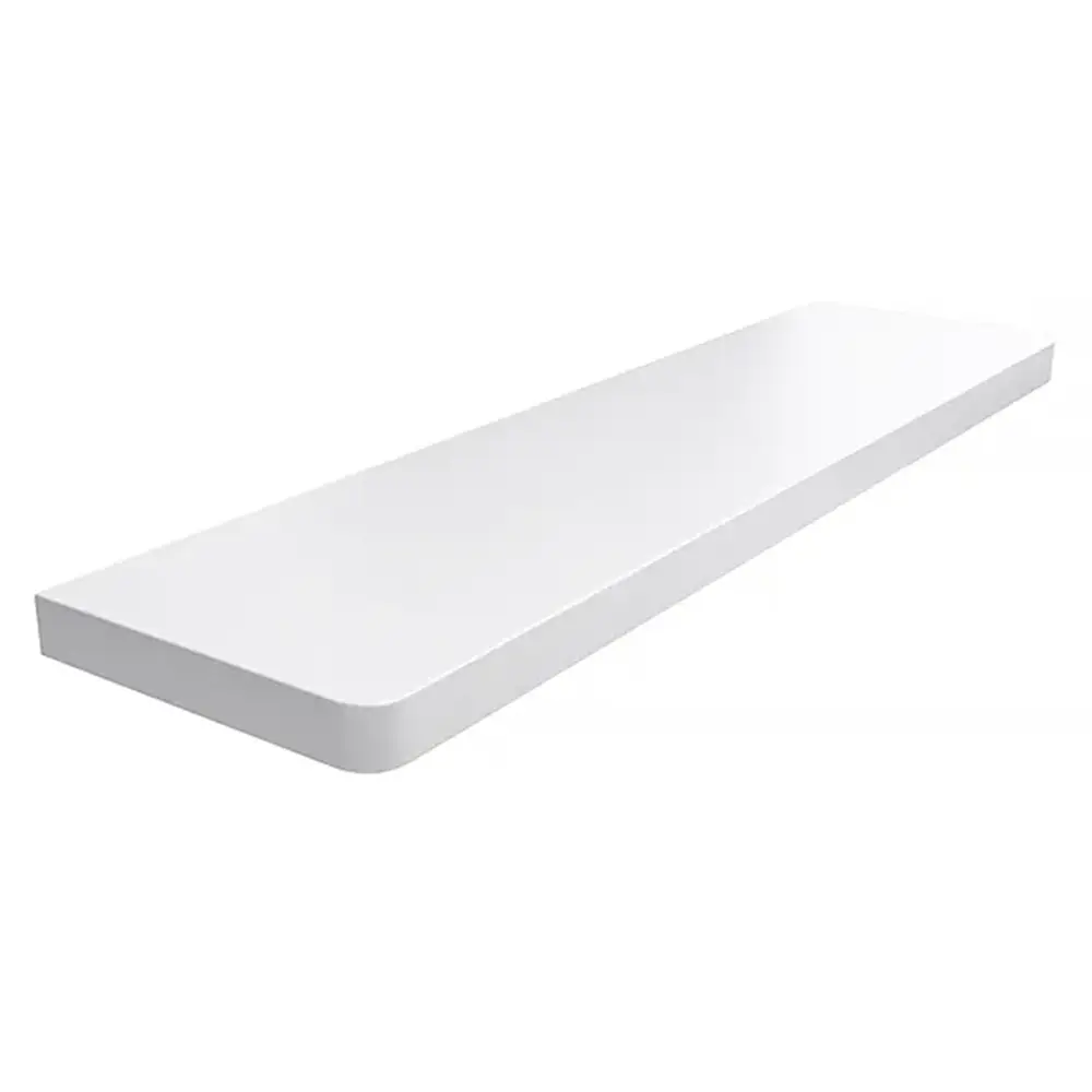 Davanzale interno in MDF (pannello verde) colore Bianco Effetto Legno, con angoli arrotondati - vista del prodotto con tabella dei dati tecnici.