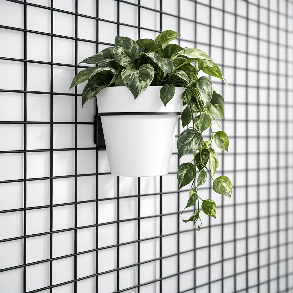 Vaso con pianta verde appeso a una griglia loft in metallo mediante un supporto per vaso.