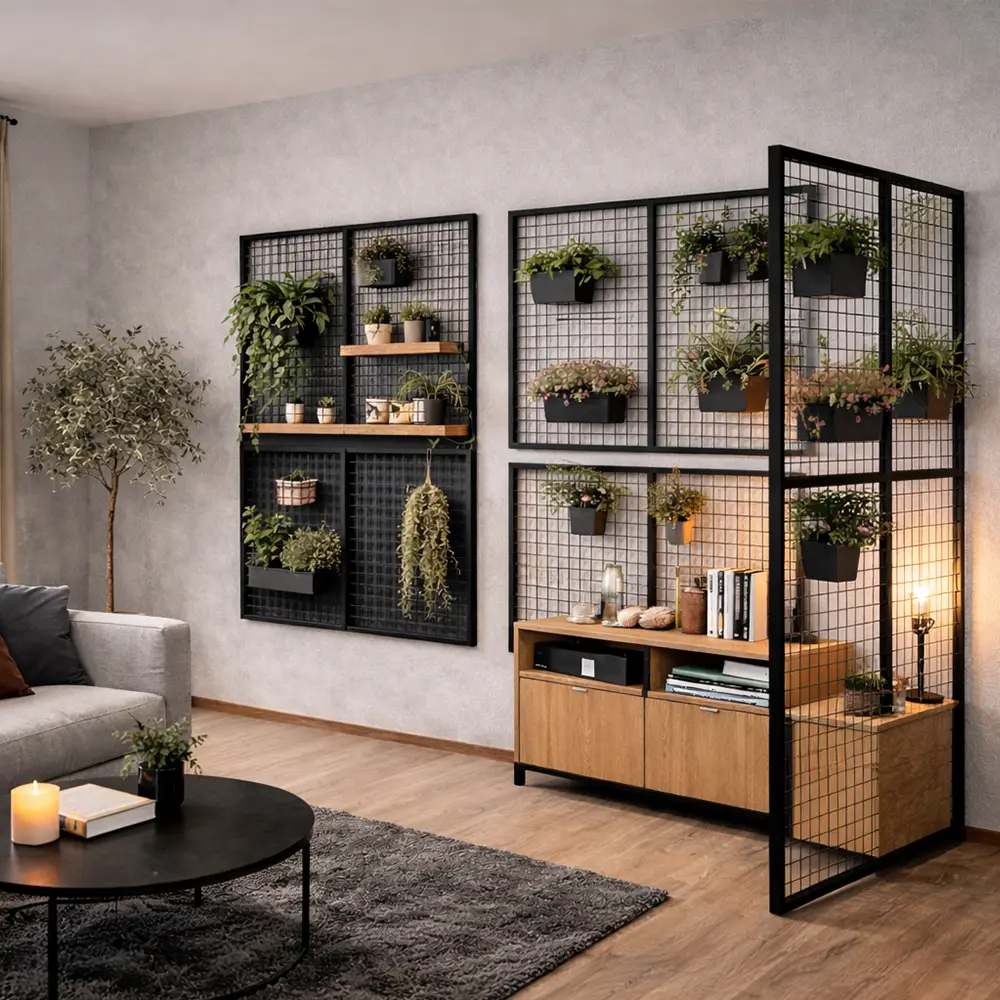 Griglie loft in metallo con piante montate a parete e utilizzate come divisorio decorativo autoportante in un moderno soggiorno