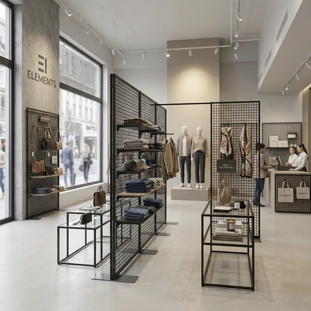Griglie loft in metallo con piante montate a parete e come divisorio decorativo autoportante in un moderno soggiorno.