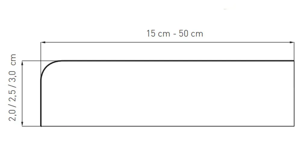 Disegno tecnico del davanzale interno in MDF (pannello verde) (larghezza 15&ndash;90 cm, spessore 2&ndash;4 cm) con descrizione &bdquo;Davanzali in MDF per ambienti eleganti&rdquo;