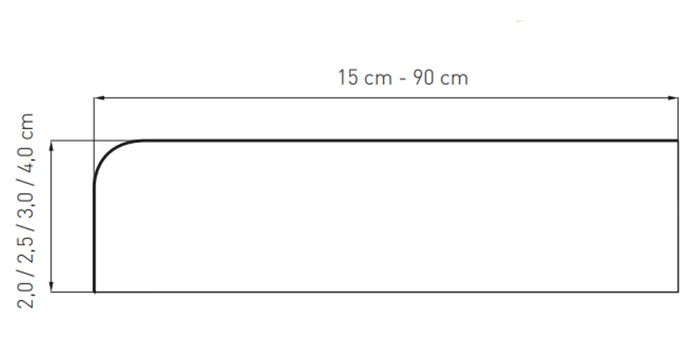 Disegno tecnico del davanzale interno in MDF (larghezza 15&ndash;90 cm, spessore 2&ndash;4 cm) con descrizione &bdquo;Davanzali in MDF per ambienti eleganti&rdquo;.
