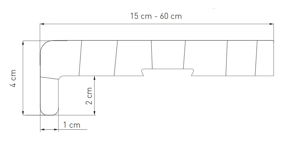Disegno tecnico del davanzale interno in PVC (larghezza 15&ndash;60 cm) con dimensioni e sezione &ndash; davanzale resistente per uso interno.
